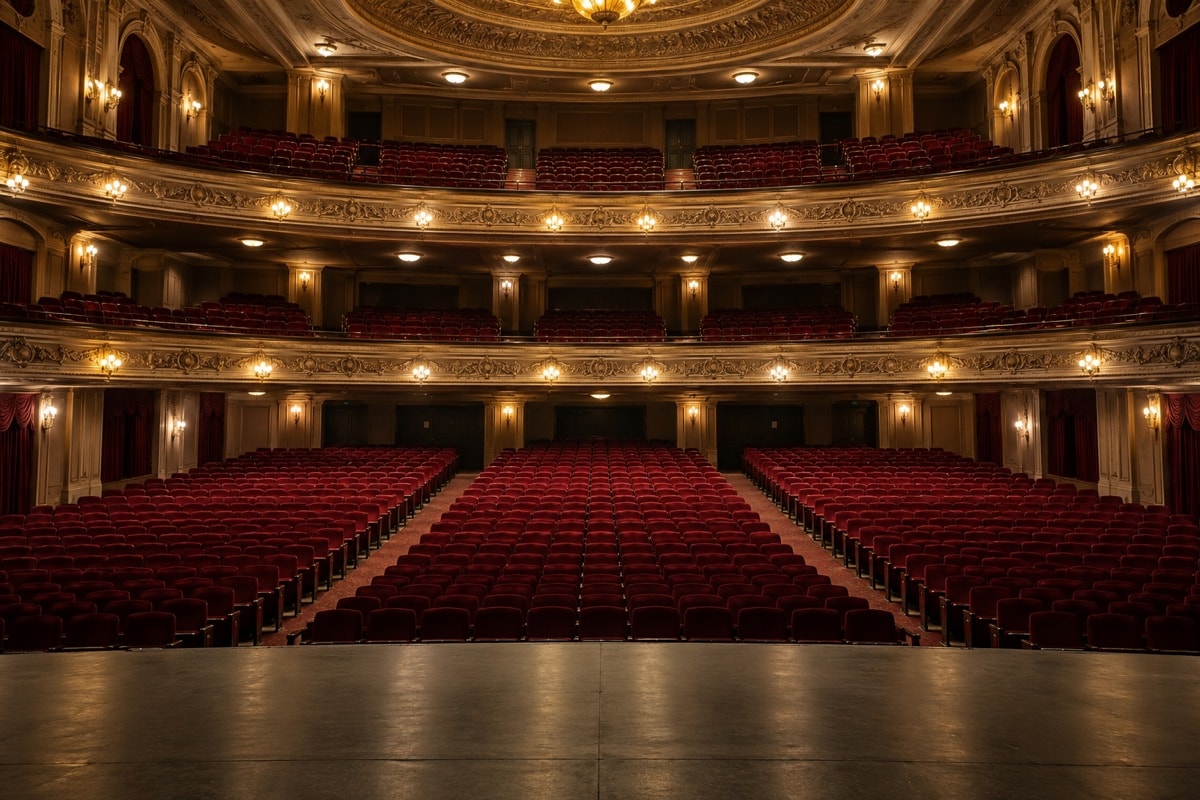 An empty theatre auditorium viewed from the stage